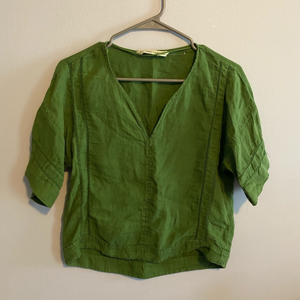 Zara Green V-Neck Top #120 - Picture 3 of 7